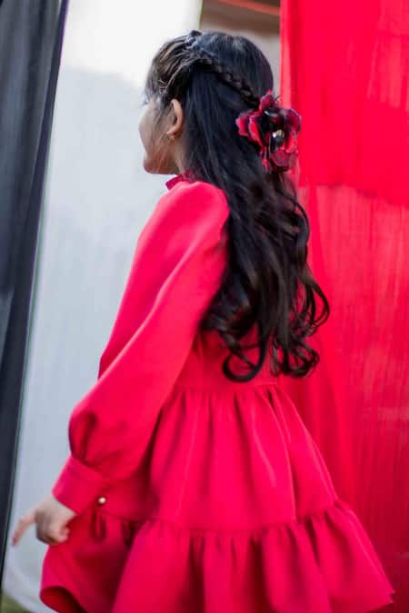Shop Hoity Moppet Red Crepe, Satin Tiered Dress at Aza Fashions Shop_Hoity Moppet_Red Crepe, Satin Tiered Dress _at_Aza_Fashions
