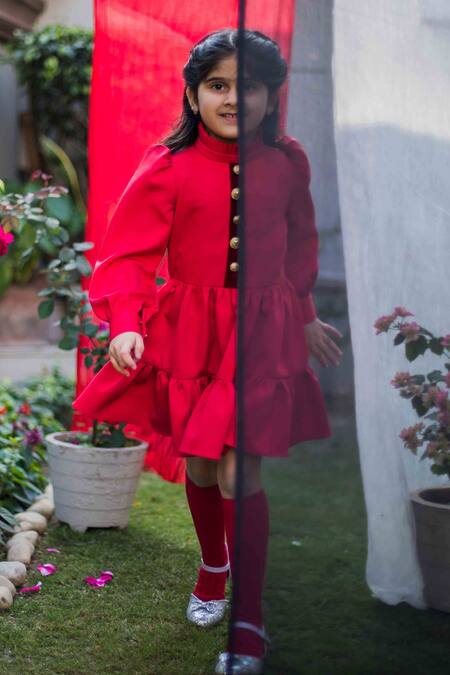 Hoity Moppet Red Crepe, Satin Tiered Dress Online at Aza Fashions Hoity Moppet_Red Crepe, Satin Tiered Dress _Online_at_Aza_Fashions