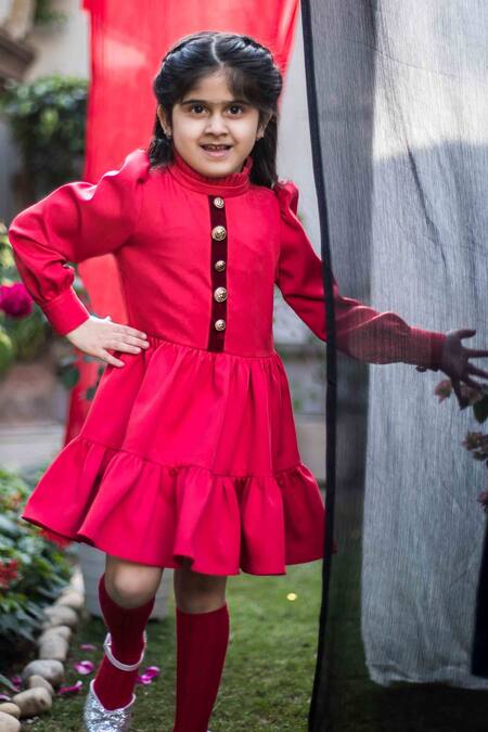 Buy Hoity Moppet Red Crepe, Satin Tiered Dress Online at Aza Fashions Buy_Hoity Moppet_Red Crepe, Satin Tiered Dress _Online_at_Aza_Fashions