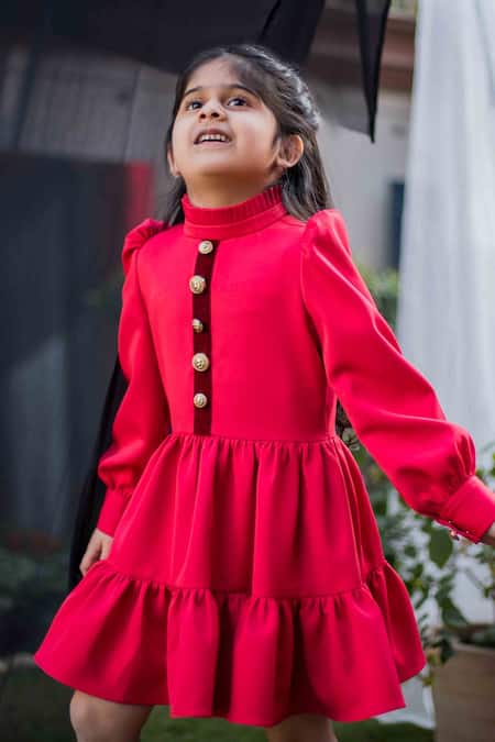 Hoity Moppet Red Crepe, Satin Tiered Dress at Aza Fashions Hoity Moppet_Red Crepe, Satin Tiered Dress _at_Aza_Fashions