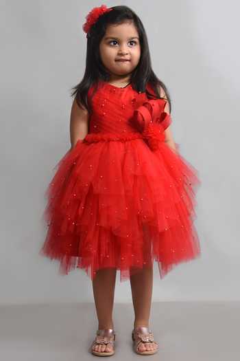 Lil Angels_Red Satin, Net, Cotton Beads, Applique Embellished Dress _Online_at_Aza_Fashions