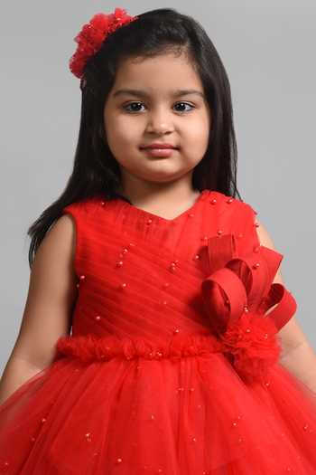 Buy_Lil Angels_Red Satin, Net, Cotton Beads, Applique Embellished Dress _Online_at_Aza_Fashions