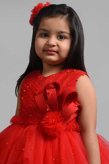 Shop_Lil Angels_Red Satin, Net, Cotton Beads, Applique Embellished Dress _Online_at_Aza_Fashions