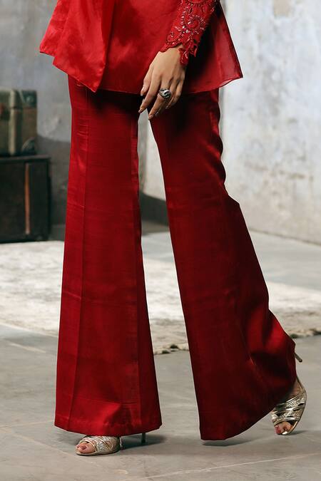 Dheeru Taneja Red Organza, Satin Lapel Collar Jacket And Pant Set Online at Aza Fashions Dheeru Taneja_Red Organza, Satin Lapel Collar Jacket And Pant Set _Online_at_Aza_Fashions