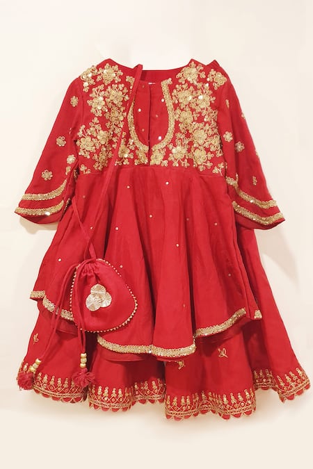 P & S Co Red Silk Kurta And Sharara Set 