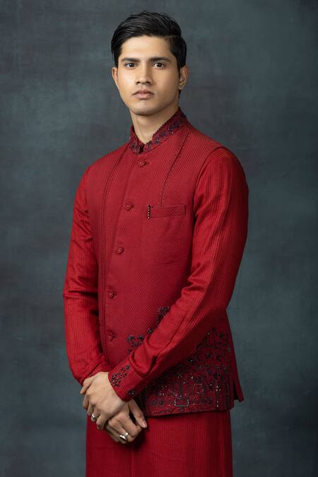 Sarab Khanijou Red Silk Embroidery Floral Placement Work Waist Coat And Kurta Set at Aza Fashions Sarab Khanijou_Red Silk Embroidery Floral Placement Work Waist Coat And Kurta Set _at_Aza_Fashions