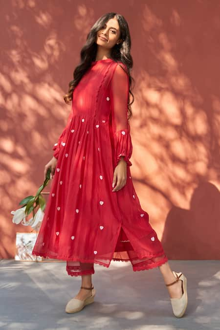 NAAZ BY NOOR Red Cotton Embroidered Schiffli Lace Round Anarkali And Pant Set 