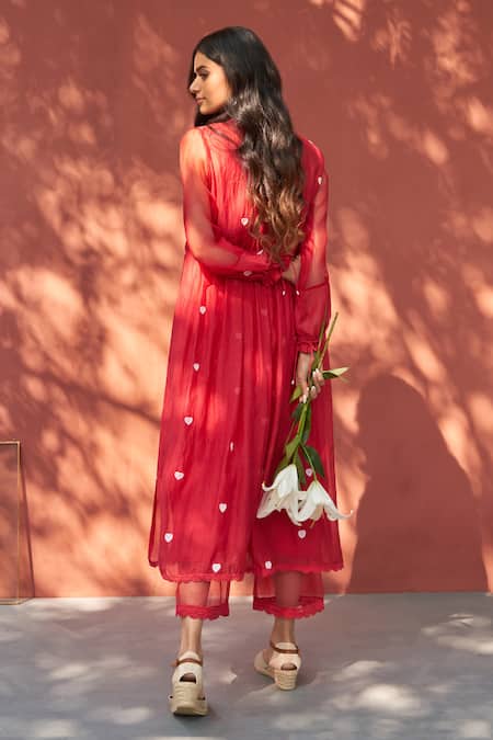 Shop_Naaz By Noor_Red Cotton, Organza, Chanderi Schiffli Lace Embroidered Anarkali And Pant Set _at_Aza_Fashions