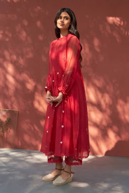 Naaz By Noor_Red Cotton, Organza, Chanderi Schiffli Lace Embroidered Anarkali And Pant Set _Online_at_Aza_Fashions