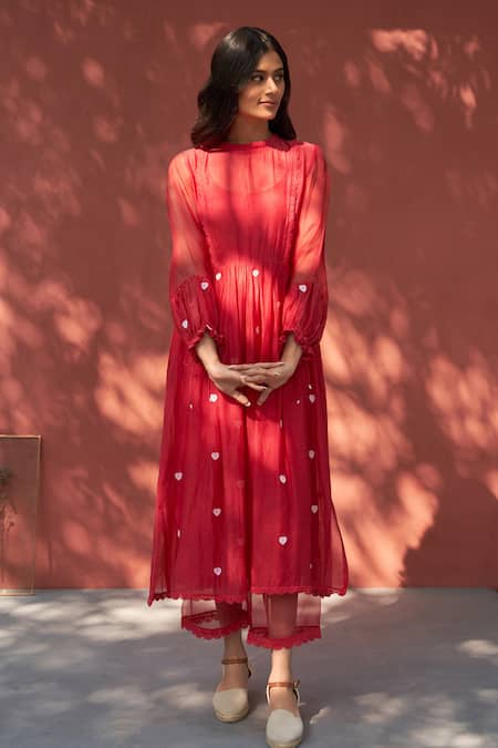 Buy_Naaz By Noor_Red Cotton, Organza, Chanderi Schiffli Lace Embroidered Anarkali And Pant Set _Online_at_Aza_Fashions