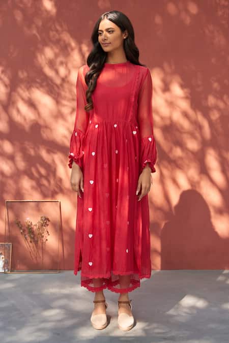 Shop_Naaz By Noor_Red Cotton, Organza, Chanderi Schiffli Lace Embroidered Anarkali And Pant Set _Online_at_Aza_Fashions