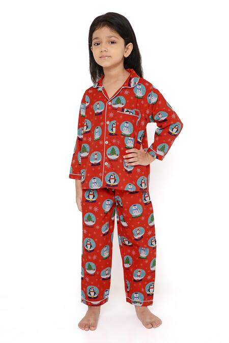 Buy Red 100 Cotton Print Abstract Snow Globe Night Suit For Girls