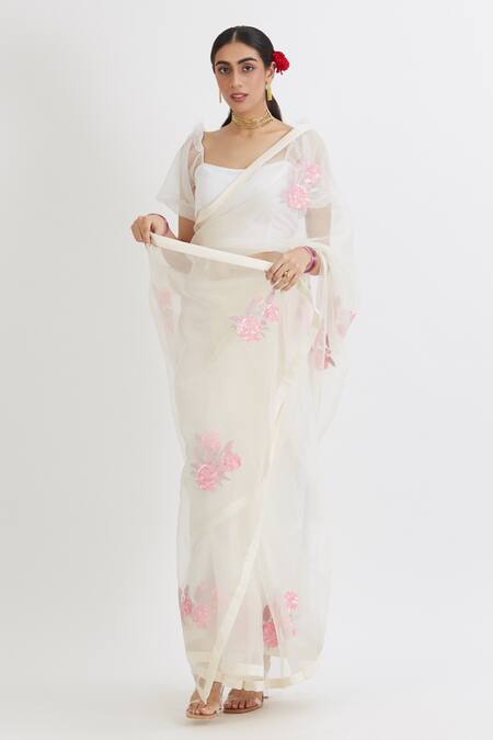 Shop_Peeli Dori_White Silk Organza Embroidery Scoop Neck Saree With Blouse _at_Aza_Fashions