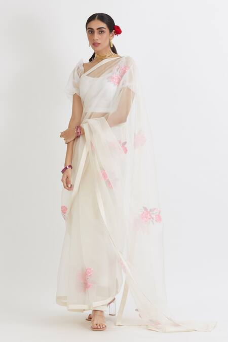 Peeli Dori_White Silk Organza Embroidery Scoop Neck Saree With Blouse _Online_at_Aza_Fashions