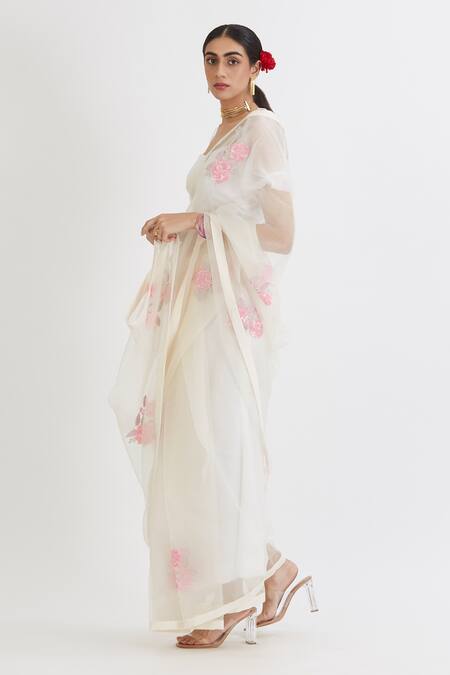 Buy_Peeli Dori_White Silk Organza Embroidery Scoop Neck Saree With Blouse _Online_at_Aza_Fashions