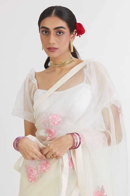 Shop_Peeli Dori_White Silk Organza Embroidery Scoop Neck Saree With Blouse _Online_at_Aza_Fashions