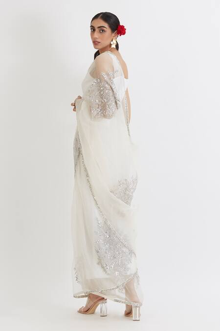 Shop_Peeli Dori_White Silk Organza Embroidery Scoop Neck Saree With Blouse _at_Aza_Fashions