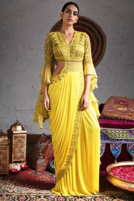 Reeti Arneja Yellow Silk Lycra Pre-draped Saree Gown