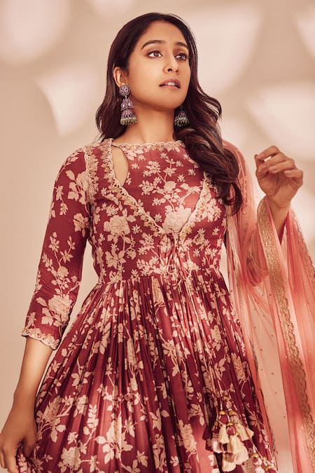 Shop_Anu Pellakuru_Brown Muslin Silk Bead Work, Floral Print High Neck Anarkali With Dupatta_Online_at_Aza_Fashions