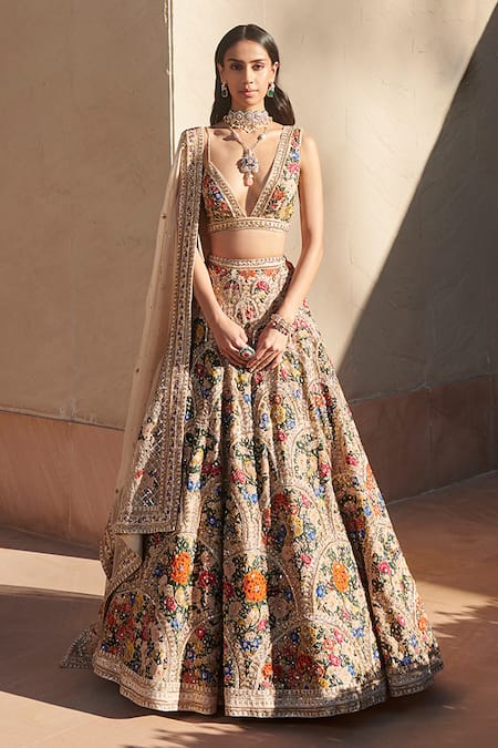 Sahil Kochhar Beige Silk Organza Rehenuma Lehenga Set