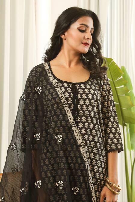 Shop_Gulabo Jaipur_Black Cotton, Doriya Hand Block Print, Thread Rekha Floral Kurta Palazzo Set_Online_at_Aza_Fashions