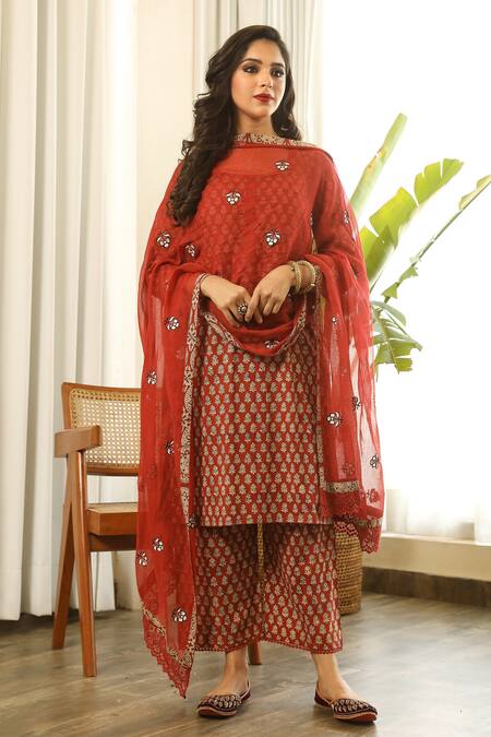 Gulabo Jaipur_Red Cotton, Doriya Hand Block Print, Thread Work Rekha Floral Kurta Palazzo Set_Online_at_Aza_Fashions