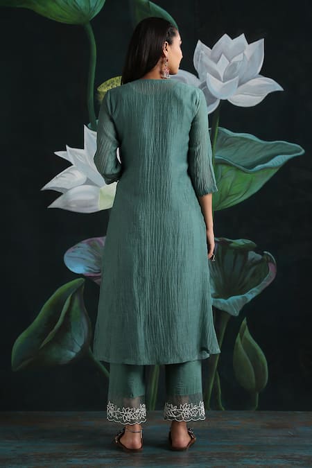 Shop Rekha Agra Blue Cotton Silk, Flat Chiffon, Handloom Chanderi Round Embroidered Kurta Set at Aza Fashions Shop_Rekha Agra_Blue Cotton Silk, Flat Chiffon, Handloom Chanderi Round Embroidered Kurta Set _at_Aza_Fashions