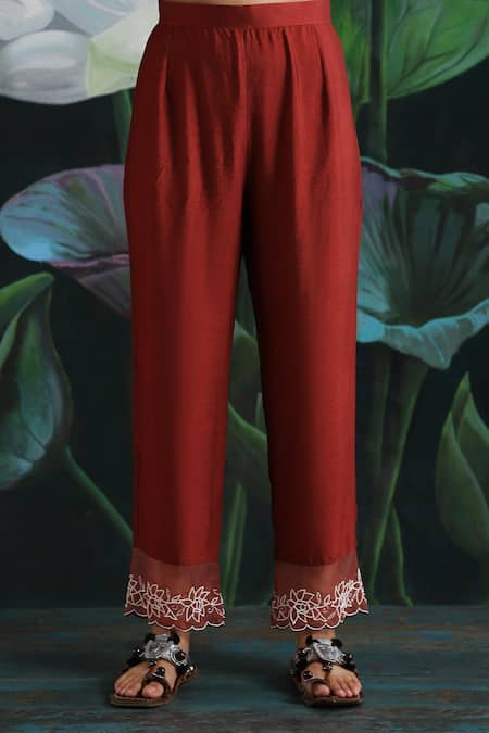 Rekha Agra Maroon Cotton Silk, Flat Chiffon, Handloom Chanderi Round Embroidered Kurta Set Online at Aza Fashions Rekha Agra_Maroon Cotton Silk, Flat Chiffon, Handloom Chanderi Round Embroidered Kurta Set _Online_at_Aza_Fashions