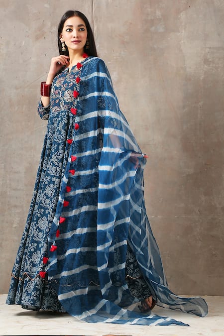 Rekha Agra_Blue Organza, Cotton Slub Notched Printed Anarkali With Dupatta _Online_at_Aza_Fashions