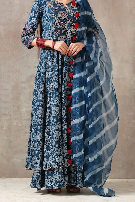 Buy_Rekha Agra_Blue Organza, Cotton Slub Notched Printed Anarkali With Dupatta _Online_at_Aza_Fashions