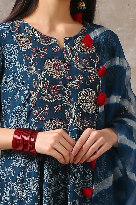 Shop_Rekha Agra_Blue Organza, Cotton Slub Notched Printed Anarkali With Dupatta _Online_at_Aza_Fashions