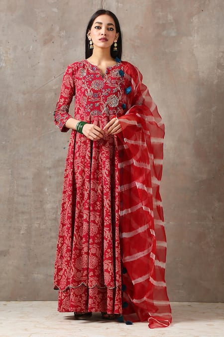 Shop_Rekha Agra_Red Organza, Cotton Slub Notched Printed Anarkali With Dupatta _Online_at_Aza_Fashions