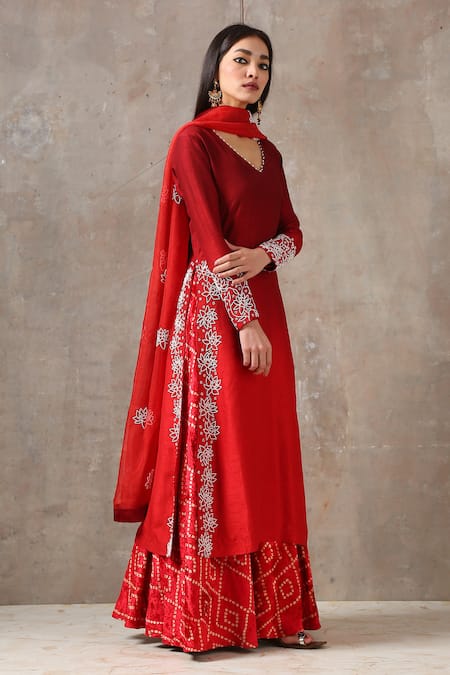 Rekha Agra Red Silk, Organza, Velvet V Neck Embroidered Kurta Set 