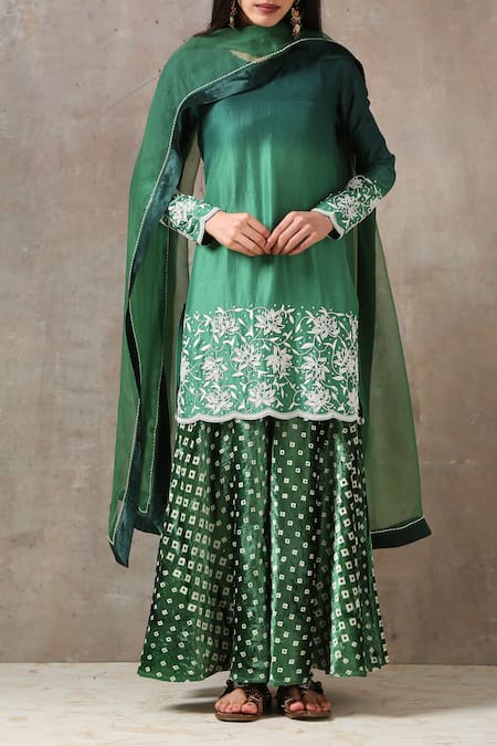 Rekha Agra_Green Silk, Organza, Velvet V Neck Embroidered Kurta Set _at_Aza_Fashions