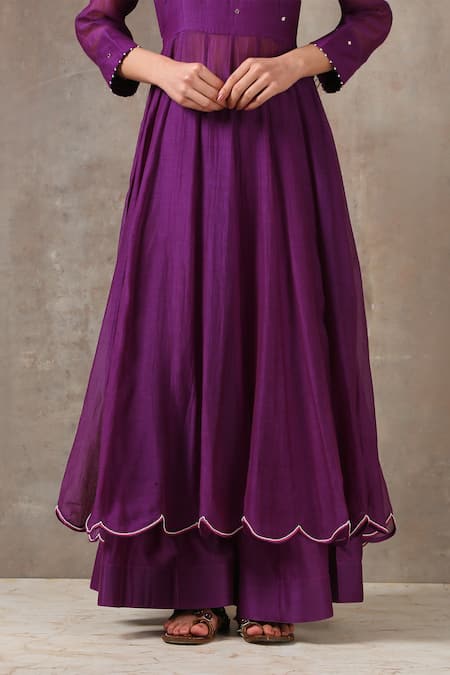 Rekha Agra_Purple Organza, Handloom Chanderi Scoop Neck Anarkali Set _Online_at_Aza_Fashions