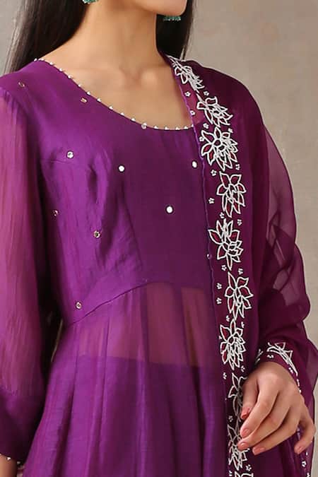Buy_Rekha Agra_Purple Organza, Handloom Chanderi Scoop Neck Anarkali Set _Online_at_Aza_Fashions