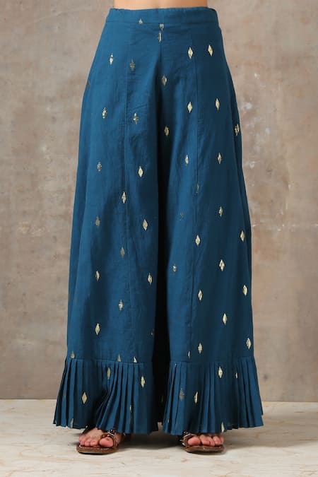 Buy_Rekha Agra_Blue Organza, Cotton Slub Notched Floral Print Kurta Set _Online_at_Aza_Fashions