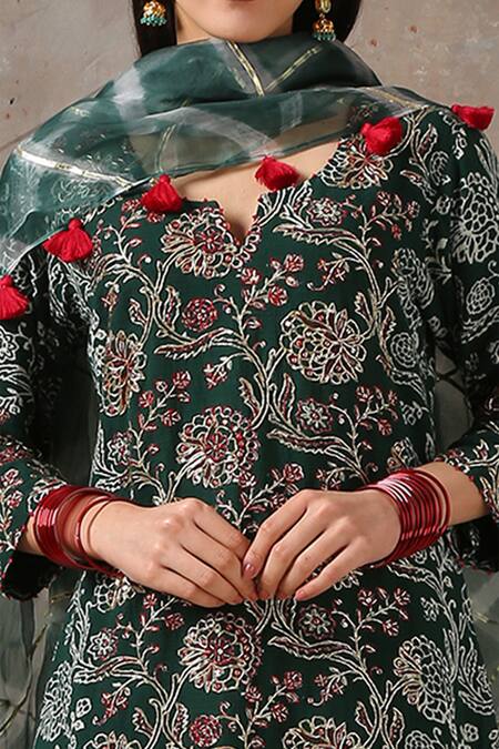 Buy_Rekha Agra_Green Organza, Cotton Slub Notched Floral Print Kurta Set _Online_at_Aza_Fashions