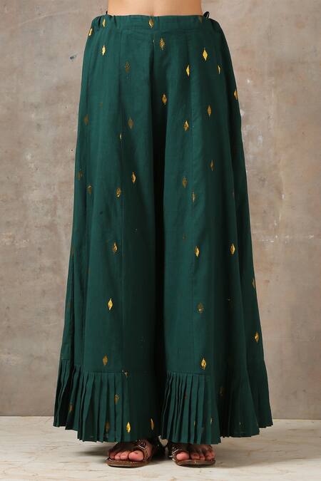 Shop_Rekha Agra_Green Organza, Cotton Slub Notched Floral Print Kurta Set _Online_at_Aza_Fashions