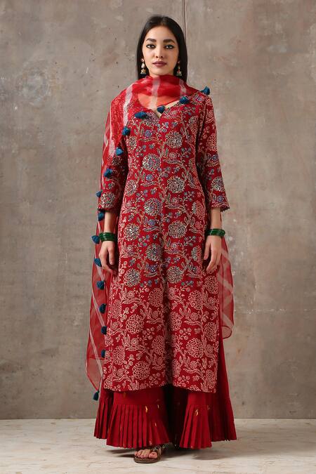 Women Cotton Red Palazzo Kurta Set Printed Designer Kurti Dupatta Set  Stitched