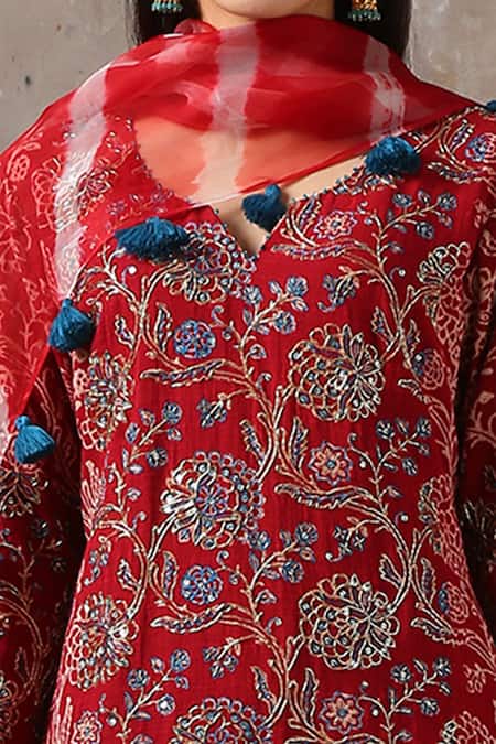 Shop_Rekha Agra_Red Organza, Cotton Slub Notched Floral Print Kurta Set _Online_at_Aza_Fashions
