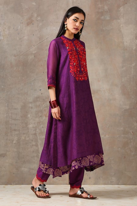 Rekha Agra Purple Handloom Chanderi Mandarin Collar Kurta Set
