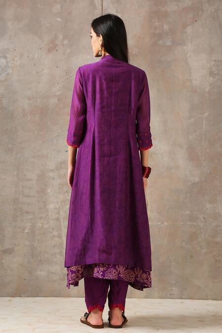 Shop_Rekha Agra_Purple Cotton Lurex, Handloom Chanderi Mandarin Collar Kurta Set _at_Aza_Fashions