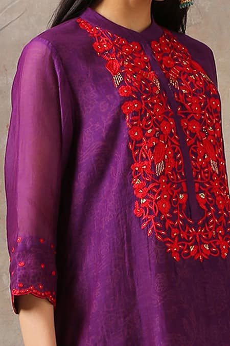 Rekha Agra_Purple Cotton Lurex, Handloom Chanderi Mandarin Collar Kurta Set _Online_at_Aza_Fashions