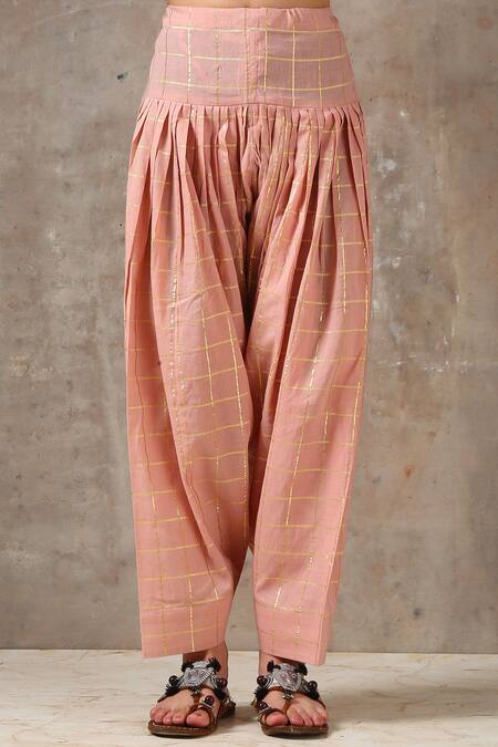 Shop_Rekha Agra_Pink Cotton Lurex, Handloom Chanderi Mandarin Collar Kurta Set _Online_at_Aza_Fashions