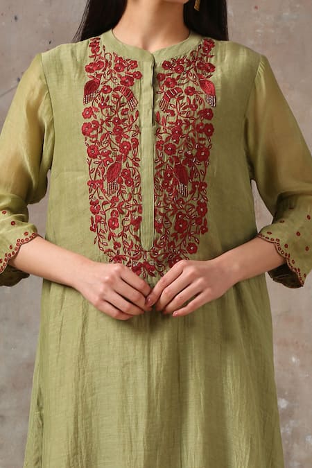 Buy_Rekha Agra_Green Cotton Lurex, Handloom Chanderi Mandarin Collar Kurta Set _Online_at_Aza_Fashions