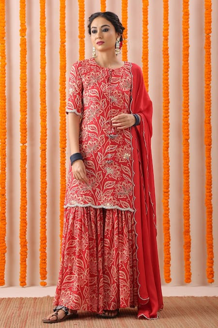 Rekha Agra Red Slub And Chiffon Lining Block Print, Gota Kurta Gharara Set