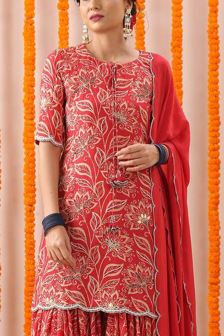 Buy_Rekha Agra_Red Slub And Chiffon Lining Block Print, Gota Kurta Gharara Set _Online_at_Aza_Fashions