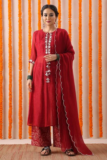 Rekha Agra_Red Handloom Chanderi And Cotton Silk Block Print, Pearl & Sequin Kurta Pant Set _Online_at_Aza_Fashions