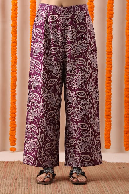 Rekha Agra_Purple Handloom Chanderi And Cotton Silk Block Print, Pearl & Kurta Pant Set _Online_at_Aza_Fashions